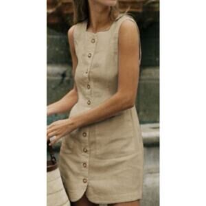 Commense Size XS Button Front Shirt Dress Tan Cotton Tie Waist Pockets Tie Back